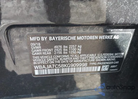 2019 BMW 530I xDrive z USA, uszkodzony, nr VIN WBAJA7C58KG909998